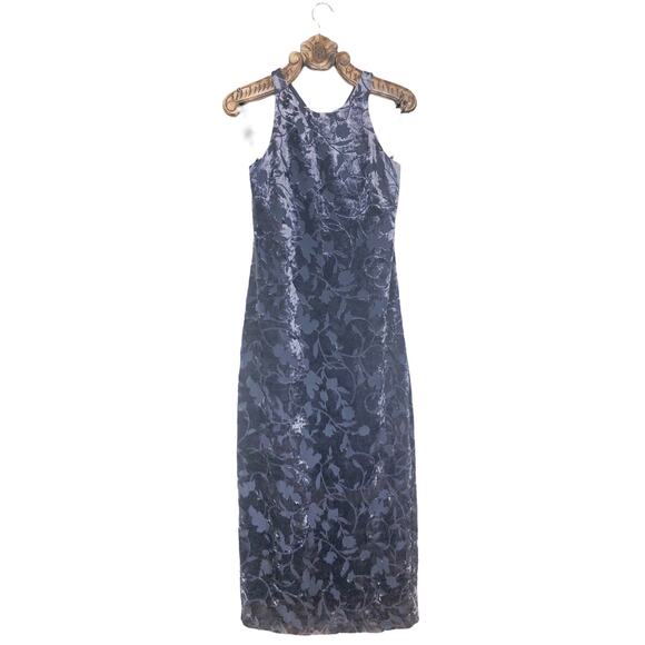 Shelli Segal Dress Velvet Burn Out Vintage Maxi Ice Blue Cross Open Back